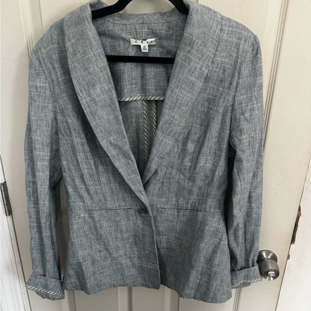 CAbi Breasted Beachwalk One Button Blazer Linen Blend Textured Blue Women’s 10 - Picture 2 of 12